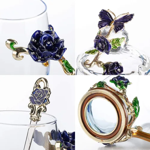 Vista 6 de BTAT - Juego de tazas de té de vidrio floral con cuchara y tapa, paquete de 2, 11 onzas, azul y rojo, diseño de mariposa y flor con caja de regalo