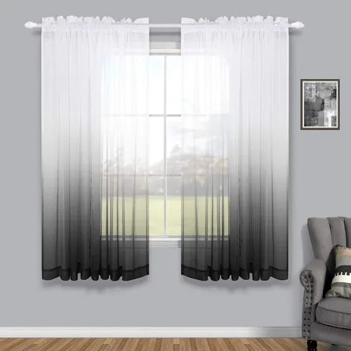 Vista 24 de KOUFALL Cortinas de ventana de baño para ducha, juego de 2 paneles de cortinas cortas transparentes en blanco y negro para cocina, dormitorio