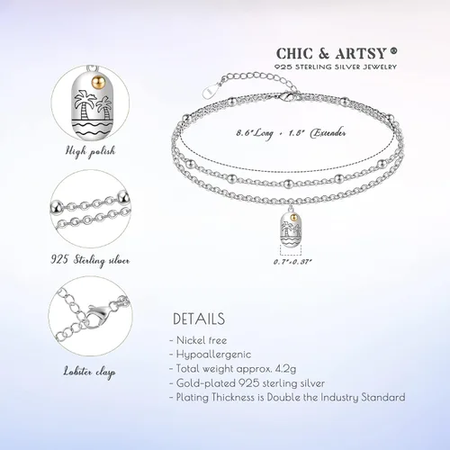Vista 20 de CHIC & ARTSY Tobilleras delicadas de plata de ley S925 para verano, pulsera de tobillo ajustable multicapa para playa, joyería de pie para mujer