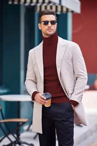 Vista 4 de COOFANDY Suéter de cuello alto ajustado para hombre, suéter de punto trenzado casual