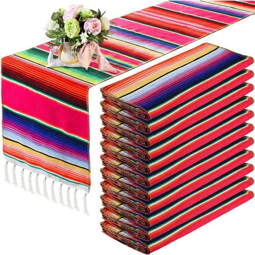 Vista 10 de Tegeme 12 Piezas Caminos de Mesa Mexicanos 14 x 84 Pulgadas Camino de Mesa Mexicano Serape Manta Decorativa con Flecos de Algodón Decoración