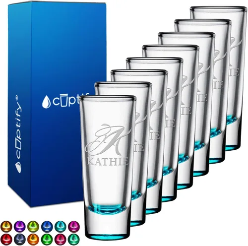 Vista 75 de Vaso de chupito personalizado con fondo negro personalizado de 2 oz, vasos de chupito cordiales con inicial y nombre en script dividido