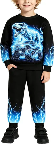 Vista 6 de Ochine Ropa para niños pequeños, sudadera de manga larga con estampado de dinosaurio T-Rex, sudadera y pantalones, 2 piezas, trajes de otoño e