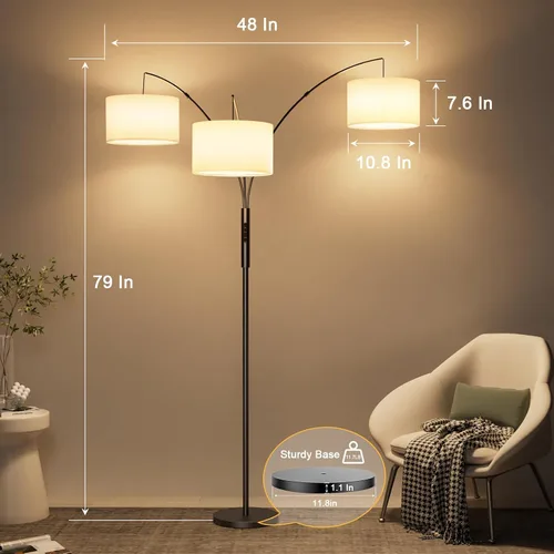 Vista 5 de SIBRILLE Lámpara de pie de arco RGB de 36 W con 3 pantallas de tela blanca, lámpara de pie súper brillante de 3000 lm con control remoto y táctil
