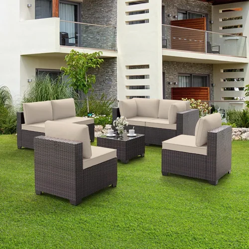 Vista 2 de Juego de muebles de patio al aire libre, 7 piezas, sofá seccional de mimbre con cojines y mesa de té, sofá de conversación de ratán para patio Beige