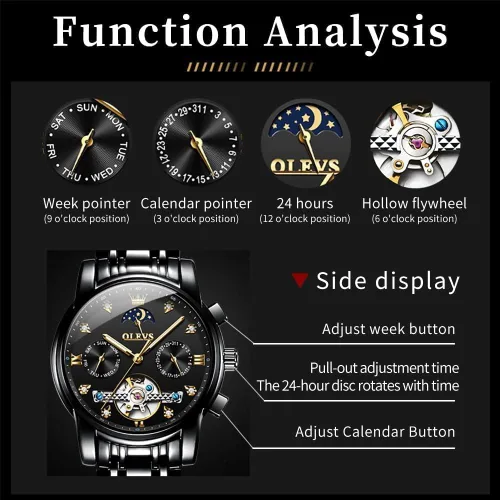 Vista 4 de OLEVS Relojes automáticos para hombre, esqueleto Tourbillon, reloj de pulsera de lujo con diamantes de cuerda automática, acero inoxidable