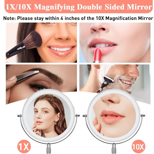 Vista 3 de Espejo de maquillaje iluminado con aumento, 10 x 8 pulgadas, espejo de tocador recargable de doble cara con luces, espejo de maquillaje de aumento