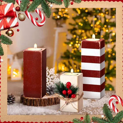 Vista 5 de 3 portavelas de Navidad con velas de madera, candelabros de Navidad, candelabros de madera votiva a rayas rojas y blancas, centro de mesa de Navidad