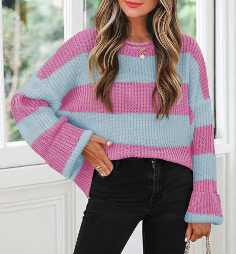 Vista 78 de ZESICA Suéter tejido sin botones de manga larga y cuello redondo, a rayas, bloques de color, cómodo, holgado, talla extragrande para mujer de 2024