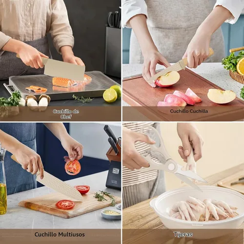 Vista 5 de Juego de cuchillos de cocina profesionales de 10 piezas con bloque universal de cuchillos, herramientas de cocina antiadherentes resistentes al Caqui