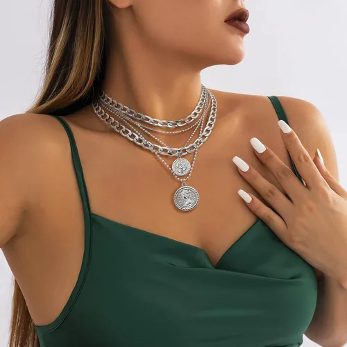 Vista 6 de MJartoria Collares de oro en capas para mujer, collar retro de moda con dije de moneda, collar de oro, cadena de eslabones gruesos, gargantilla