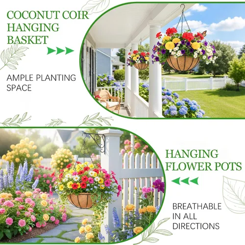 Vista 5 de Macetas colgantes para plantas de exterior, paquete de 4 cestas colgantes de metal de 12 pulgadas con forro de fibra de coco y alambre para plantas