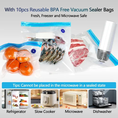 Vista 6 de Sellador al vacío de mano para alimentos, juego de máquina selladora al vacío inalámbrica portátil con 10 bolsas Sous Vide para almacenamiento