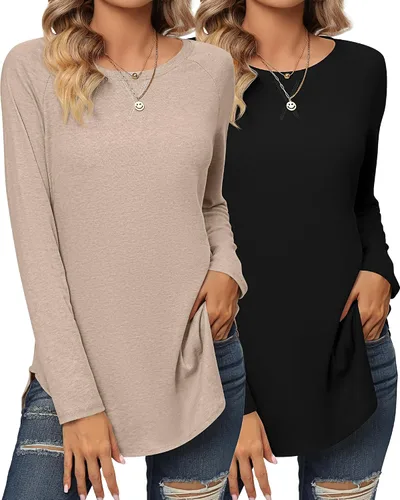 Vista 3 de Ficerd 2 Pack Women's Long Sleeve Shirts, Loose Fit Crew Neck Tunic Tops Loose Fit Side Split Basic Pullover Tee Shirts