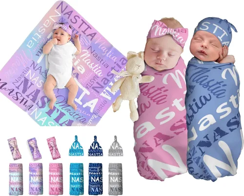 Vista 8 de Juego de manta personalizada para bebé con diadema acogedora y sombrero para niñas y niños recién nacidos, manta personalizada con nombre de bebé