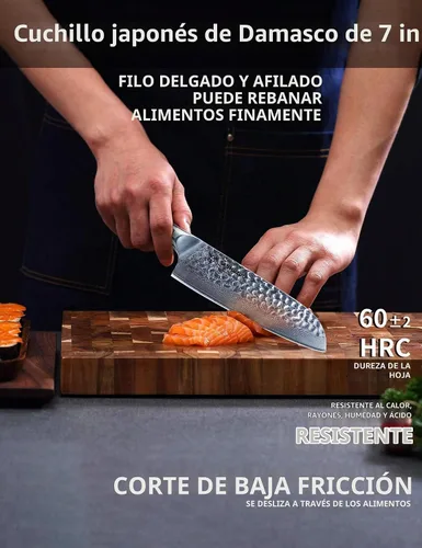 Vista 2 de Cuchillo Santoku de 7" - Cuchillo de chef japonés - Acero de Damasco martillado y mango de resina - Serie YAO