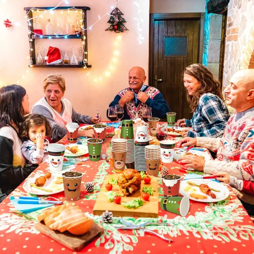 Vista 7 de 200 vasos de papel de Navidad de 12 onzas con tapas, tazas de té desechables de Navidad para bebidas frías, chocolate caliente, chocolate caliente