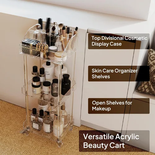 Vista 4 de Aquiver Organizador de Maquillaje Acrílico Carrito de Almacenamiento - Carrito de Maquillaje Rodante de 3 Niveles Organizador de Tocador - Estuches