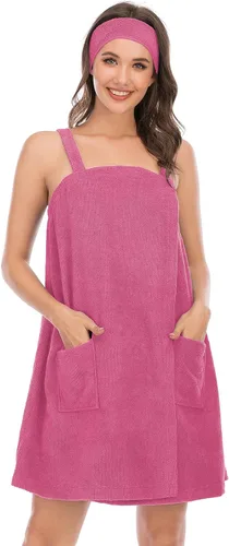 Vista 14 de Rubehoow - Bata de baño para mujer, envoltura de toalla con cierre de velcro ajustable con bolsillos y diadema facial