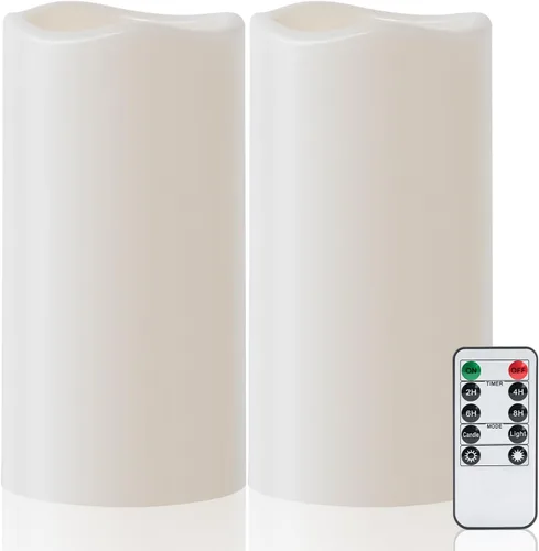 Vista 13 de Amagic Paquete de 2 velas eléctricas de plástico sin llama de 6 x 4 pulgadas para exteriores con control remoto y temporizador, velas falsas