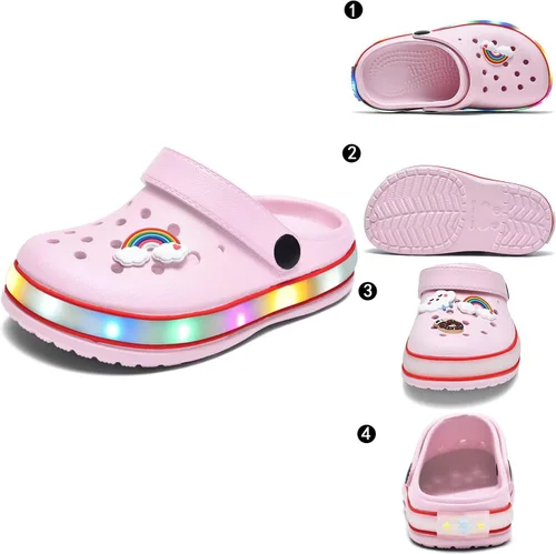 Vista 2 de XPKWS Zuecos para niños pequeños, niños y niñas, zapatos de jardín con luces LED, sandalias ligeras con luces, antideslizantes, de secado rápido