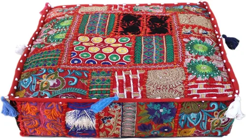 Vista 27 de CRAFT KALA Funda de Puf Tradicional de Retazos Cuadrada India Pufs de Sala de Estar India Otomana de Diseñador Bordada Decorativa Hogar Vida Rosa