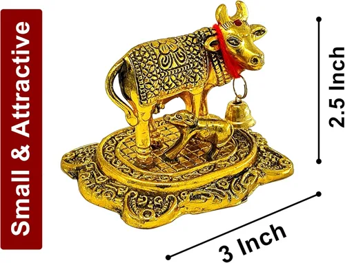 Vista 3 de NOBILITY Artículos de Pooja Regalo de Diwali Estatua de Metal de Vaca Kamdhenu Dorada Pequeña con Becerro Pieza Decorativa Muestra para Decoración