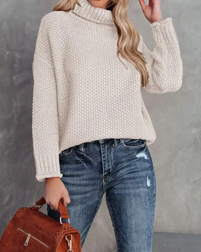 Vista 3 de ZESICA Suéter de punto sin botones manga larga para mujer, cuello alto, informal, estilo suelto