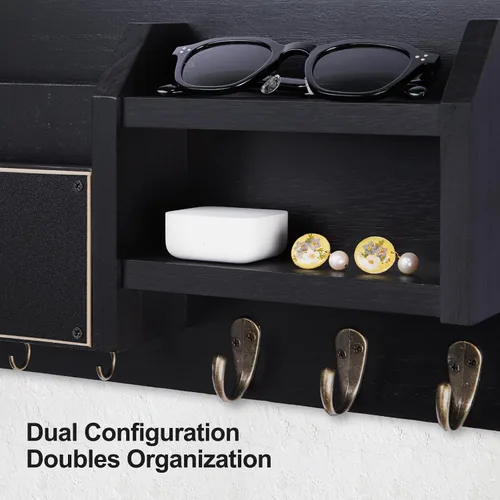 Vista 4 de Lwenki Soporte para llaves y correos – Colgador de pared para llaves con estante y 7 ganchos de metal – Organizador decorativo de entrada de madera