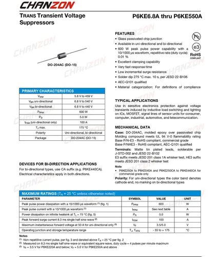 Vista 2 de Paquete de 50 unidades Chanzon TVS Diodos P6KE15CA 600W 15V DO-15 (DO-204AC) Canal axial bidireccional 600 vatios 15 voltios