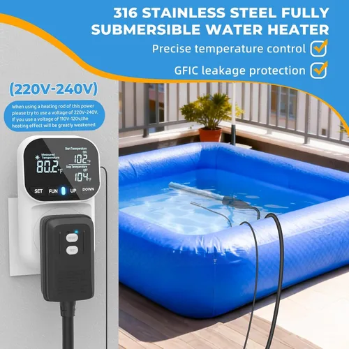 Vista 4 de Calentador de agua eléctrico de inmersión de 1800 W, calentadores de agua totalmente sumergibles con termostato y GFCI, para fregaderos, bañeras
