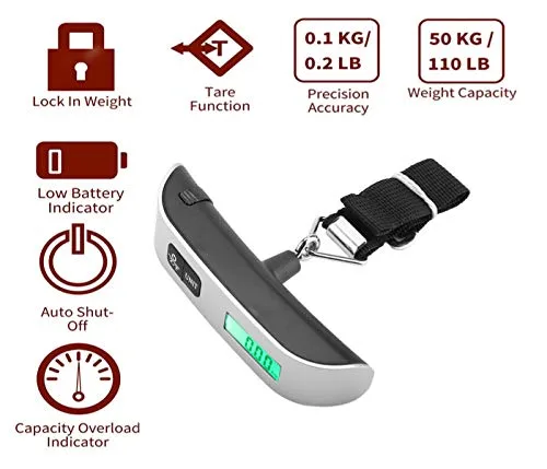 Vista 3 de Báscula de peso portátil digital para equipaje mini tamaño LCD digital digital colgando básculas portátil gancho balanza máxima carga 1102lbs