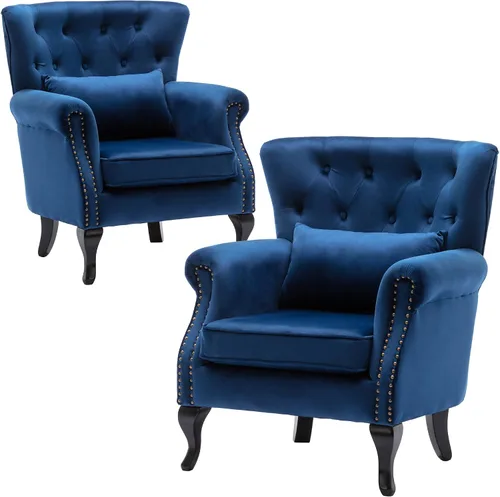 Vista 27 de Juego de 2 sillas decorativas modernas de mediados de siglo, sillón de tela de lino con respaldo acolchado/patas de madera, sillón de descanso