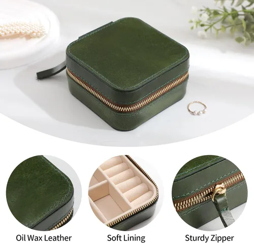 Vista 4 de Ringsun Joyero de cuero genuino pequeño joyero de viaje para mujer, organizador de viaje portátil para anillos, aretes, collar, pulsera