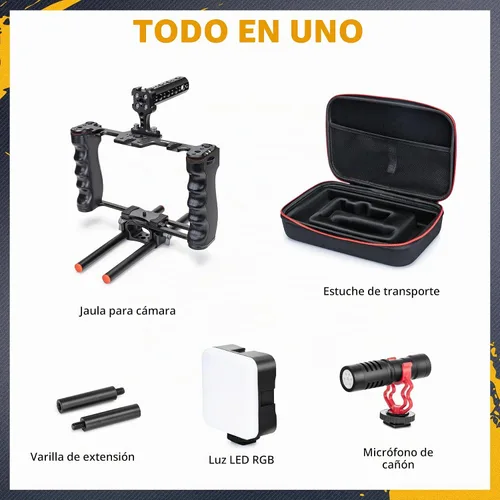 Vista 2 de Zeadio Kit de aparejo de video todo en uno, jaula de cámara de mano de aluminio con luz de video RGB, micrófono, mango superior, guía de varilla