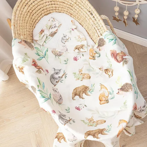 Vista 3 de BabyWhale Manta de muselina para envolver con sombrero y vincha con moño, juego de manta con estampado de animales para bebés niños y niñas, manta