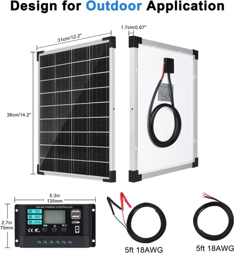 Vista 5 de TBER Kit de panel solar de 20 W 12 V, cargador de batería solar con controlador de carga de 10 A y cables de extensión con clips de batería