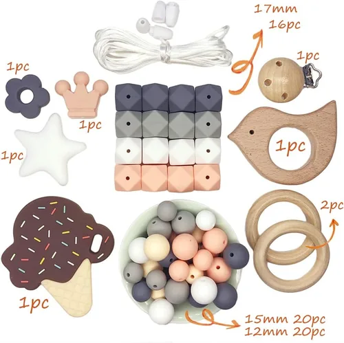 Vista 2 de DIY cuentas de silicona helado conjunto collar pulsera silicona hexágono perlas anillo de madera