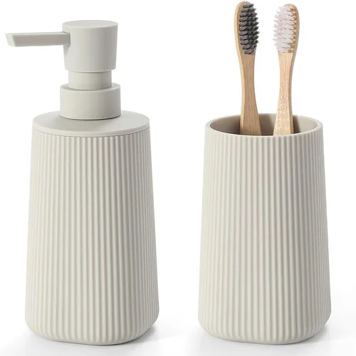 Vista 9 de YAUKPH Dispensador de jabón de baño y soporte para cepillos de dientes a rayas negro