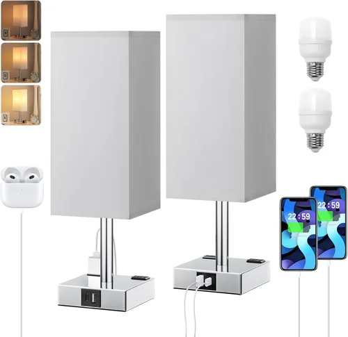 Vista 16 de Lámpara de mesa de noche táctil, con pantalla, puertos de carga USB C+A y salidas de CA duales, para dormitorio, sala de estar, oficina