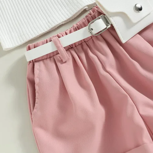 Vista 6 de Conjunto de ropa de verano para niña pequeña, con volantes, sin mangas, acanalada, pantalones cortos de cintura elástica con cinturón, ropa de moda