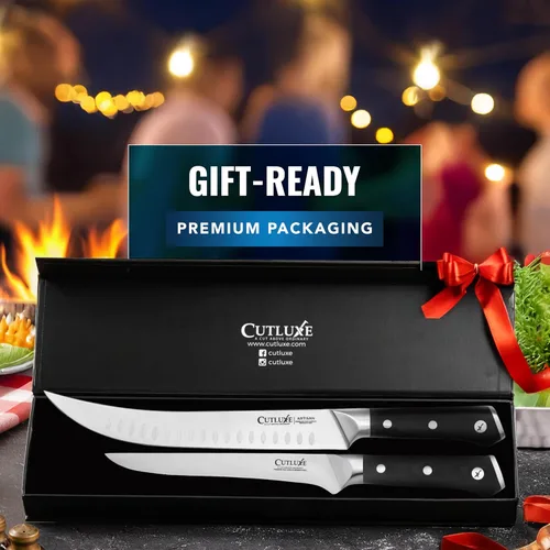 Vista 7 de Cutluxe Butcher Carving Set, Cimeter Breaking & Boning Knife for Meat Cuchillas profesionales para barbacoa, acero alemán afilado, asas ergonómicas
