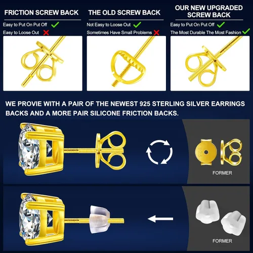 Vista 8 de Moissanite Stud Earrings Screw Back 0.2CT-8.0CT 18K White Yellow Gold Plated S925 Sterling Silver Round Cut D Color VVS1 Clarity Lab Created