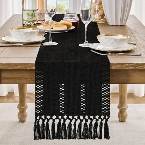 Vista 2 de ZeeMart Camino de mesa bohemio estilo macramé, 12 x 36 pulgadas, color Negro