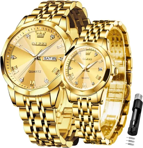 Vista 16 de OLEVS Juego de 2 relojes de cuarzo para parejas de San Valentín, calendario luminoso, ventana de fecha, 3 ATM, impermeable, casual, acero