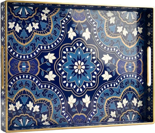 Vista 13 de Bandeja decorativa, bandeja de plástico de mármol con asas, bandeja rectangular de tocador y bandeja para servir para baño, cocina, otomana y mesa