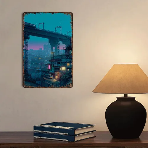 Vista 3 de Cartel de metal vintage Cyberpunk Cityscape divertido Vaporwave Night Street Poster Retro Pixel Aluminio 8x12 pulgadas para baño, sala de estar