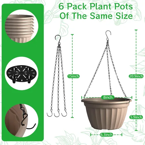 Vista 4 de FGstyle Paquete de 6 macetas colgantes de 8 pulgadas, macetas de riego automático para plantas de interior, cesta colgante de plástico con elevador