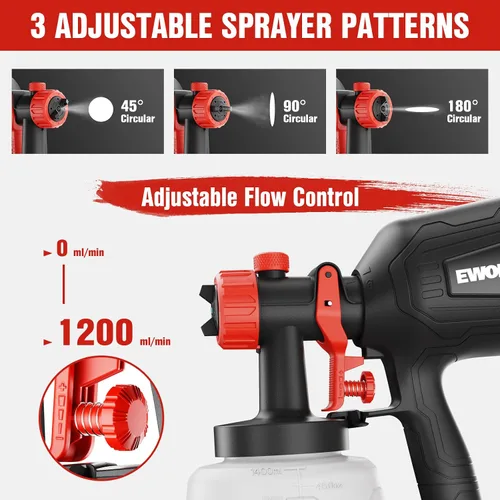 Vista 3 de EWORK Pulverizador de pintura de 1000 W HVLP pistola de pintura eléctrica, 180 Din/s, sin adelgazamiento, capacidad de 47.3 fl oz, 4 boquillas y 3