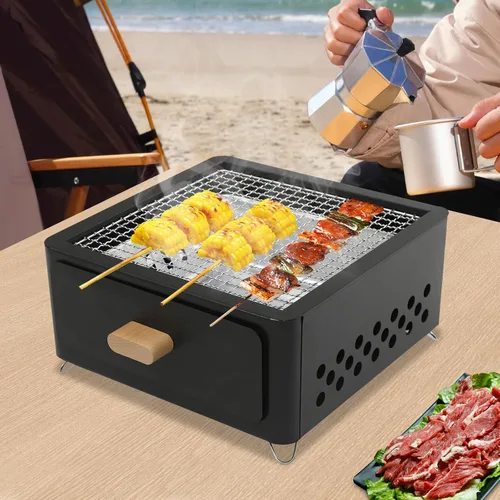Vista 4 de Parrilla cuadrada de carbón de leña portátil durable fácil limpiar para uso Negro